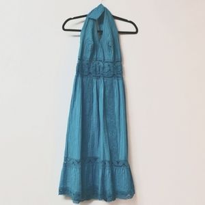 Vintage Turquoise Blue Cotton Halter Summer Dress